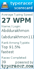 Scorecard for user abdurakhmon11