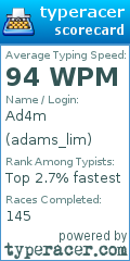 Scorecard for user adams_lim