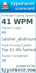 Scorecard for user alisher_abdimuminov