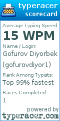 Scorecard for user gofurovdiyor1