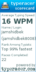 Scorecard for user jamshidbek8008