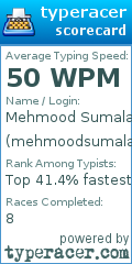 Scorecard for user mehmoodsumalani