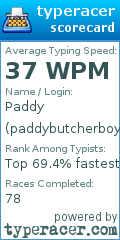 Scorecard for user paddybutcherboy