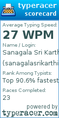 Scorecard for user sanagalasrikarthik